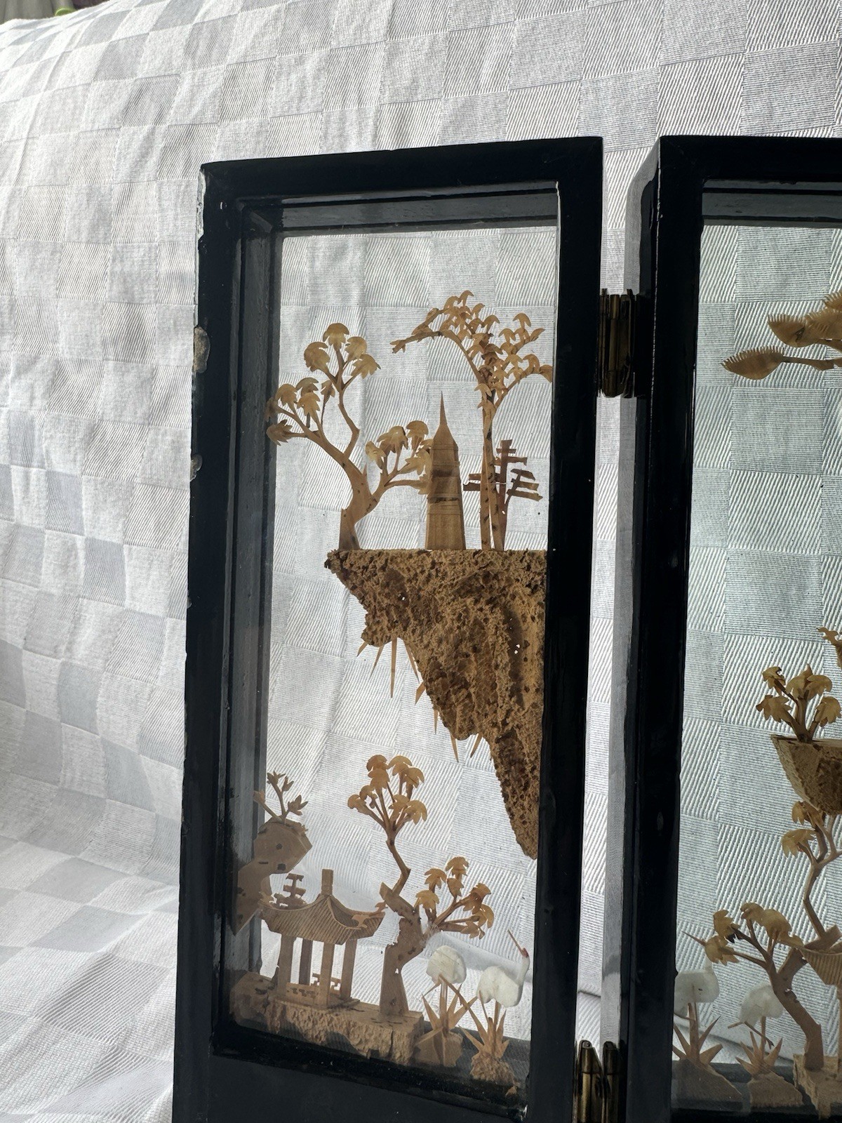 Chinese Cork Art Folding Screen 6 Panel Diorama Landscape Pagoda Black Lacquer