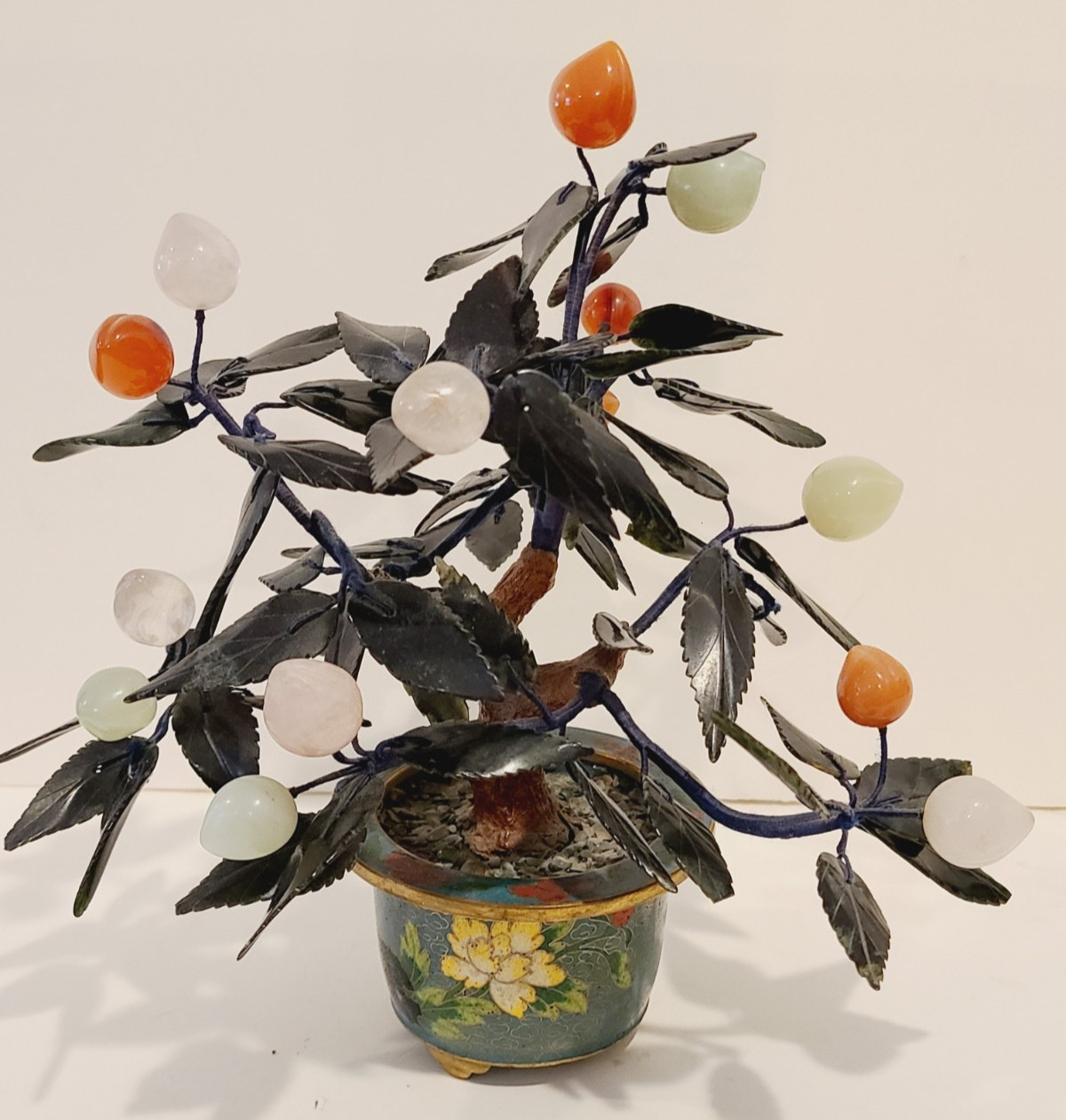 Jade Stone Bonsai Tree Cloisonne Pot Jade Quartz Peaches Cherries