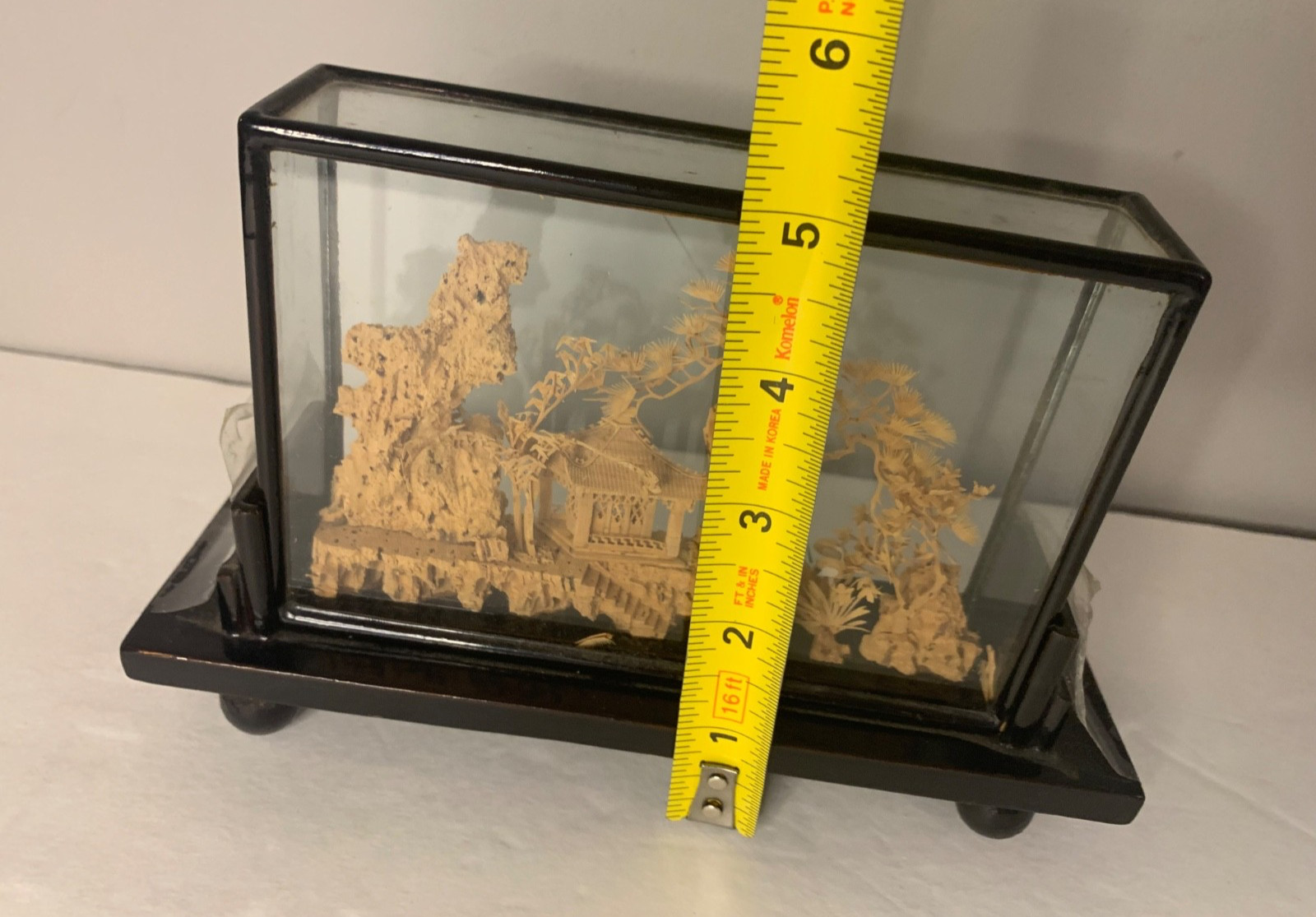 Vintage Asian Cork Diorama Art Pagoda Trees Hand Carved Glass Frame- See Details