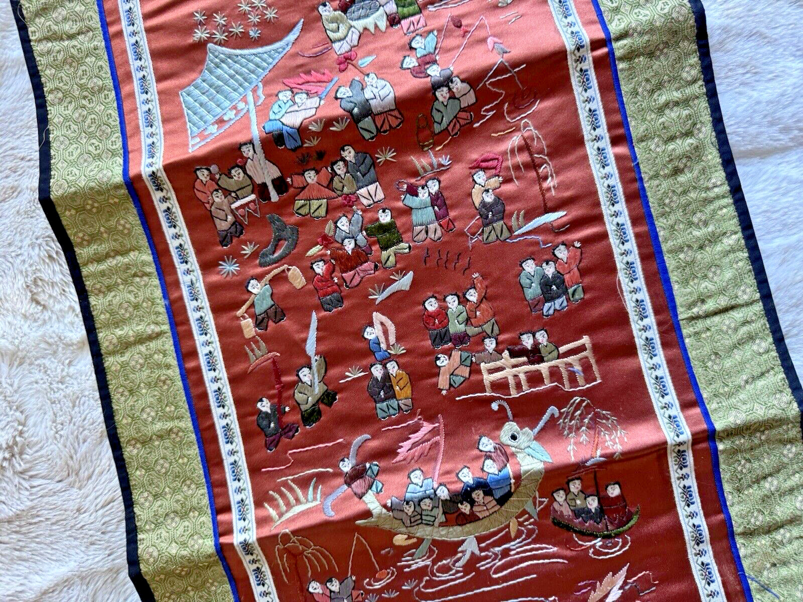 Vintage 26″ x 13″ Chinese Silk Embroidery “100 Children Playing” unframed EUC
