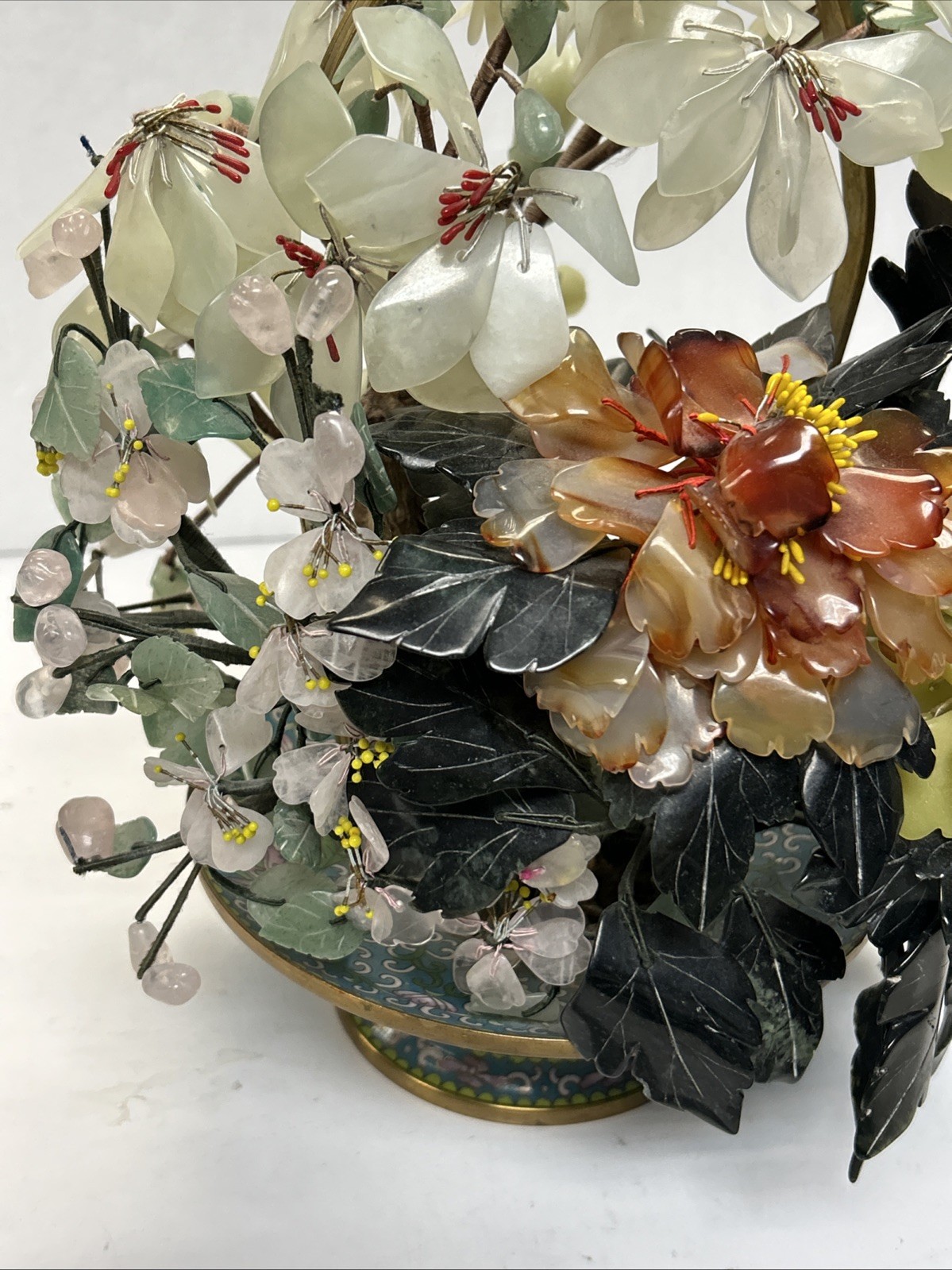MID CENTURY CARVED JADE AGATE BONSAI FLOWER TREE Very Beautiful