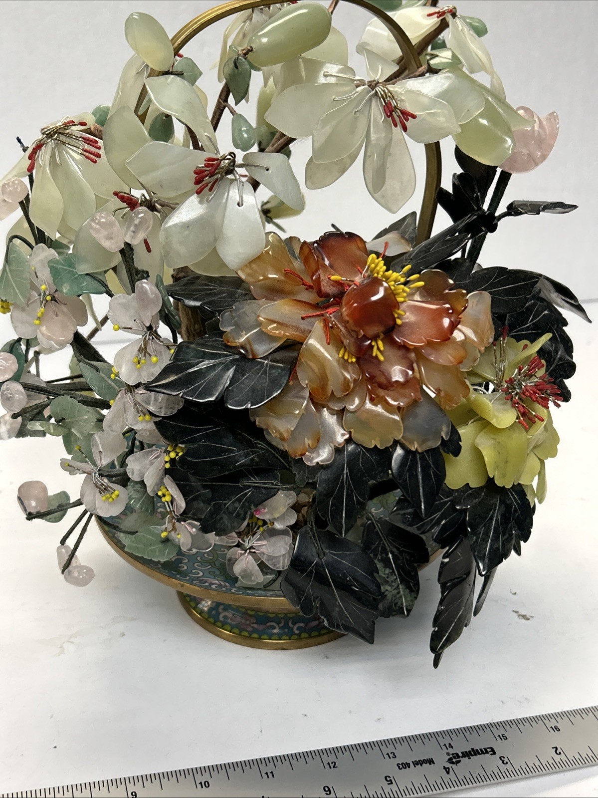 MID CENTURY CARVED JADE AGATE BONSAI FLOWER TREE Very Beautiful