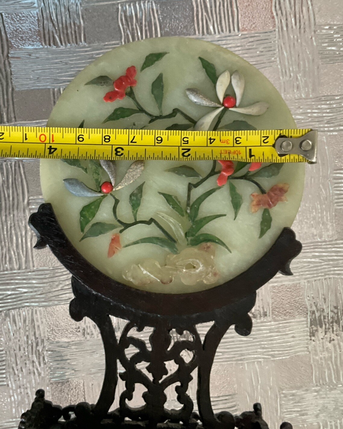 Vintage Possibly Antique Chinese Jade Coral Miniature 7.50” Plaque on Wood Stand