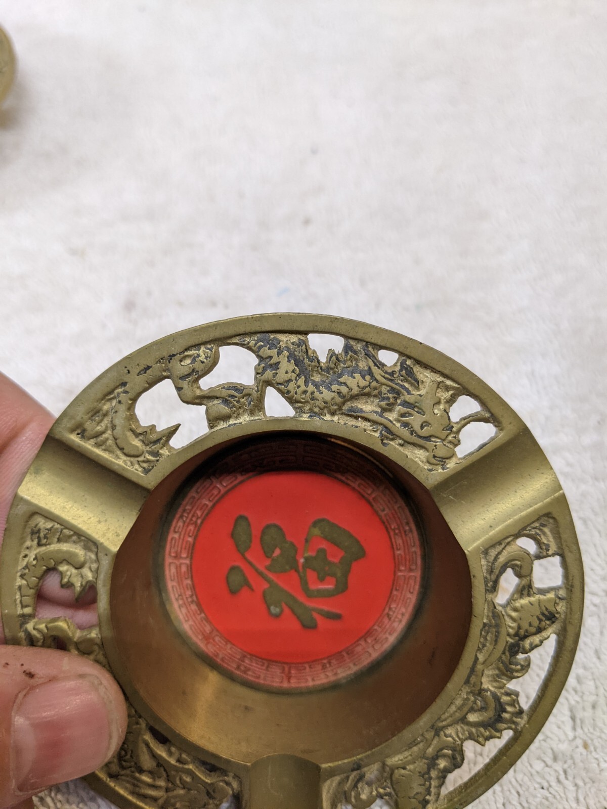 Vintage Chinese Brass Red Enamel Shou Long Life Ashtray Phoenix Birds 3.25″ Set
