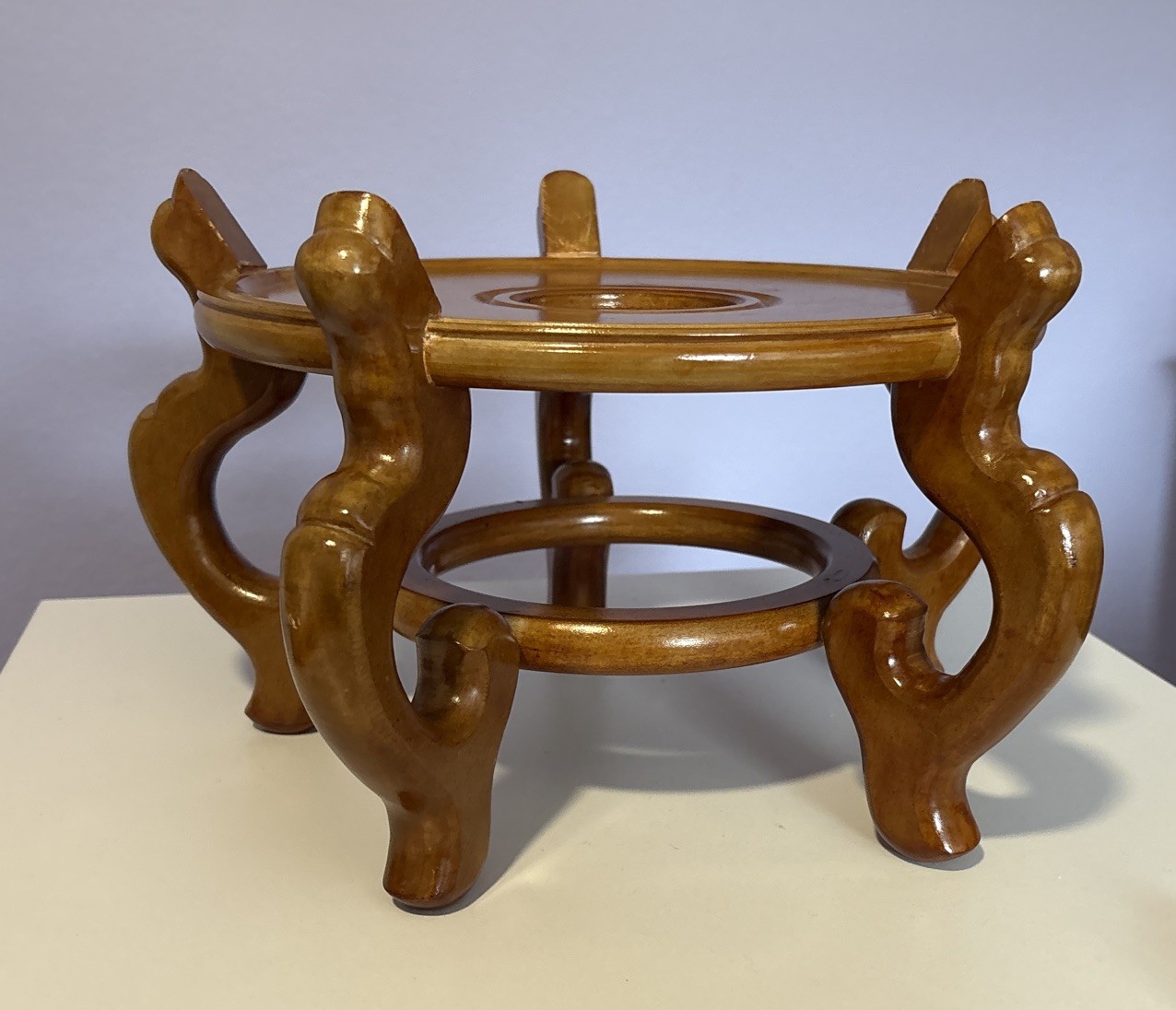 Carved Wood Plant Stand Display Honey Brown Vase Fish Bowl Asian Oriental 10”
