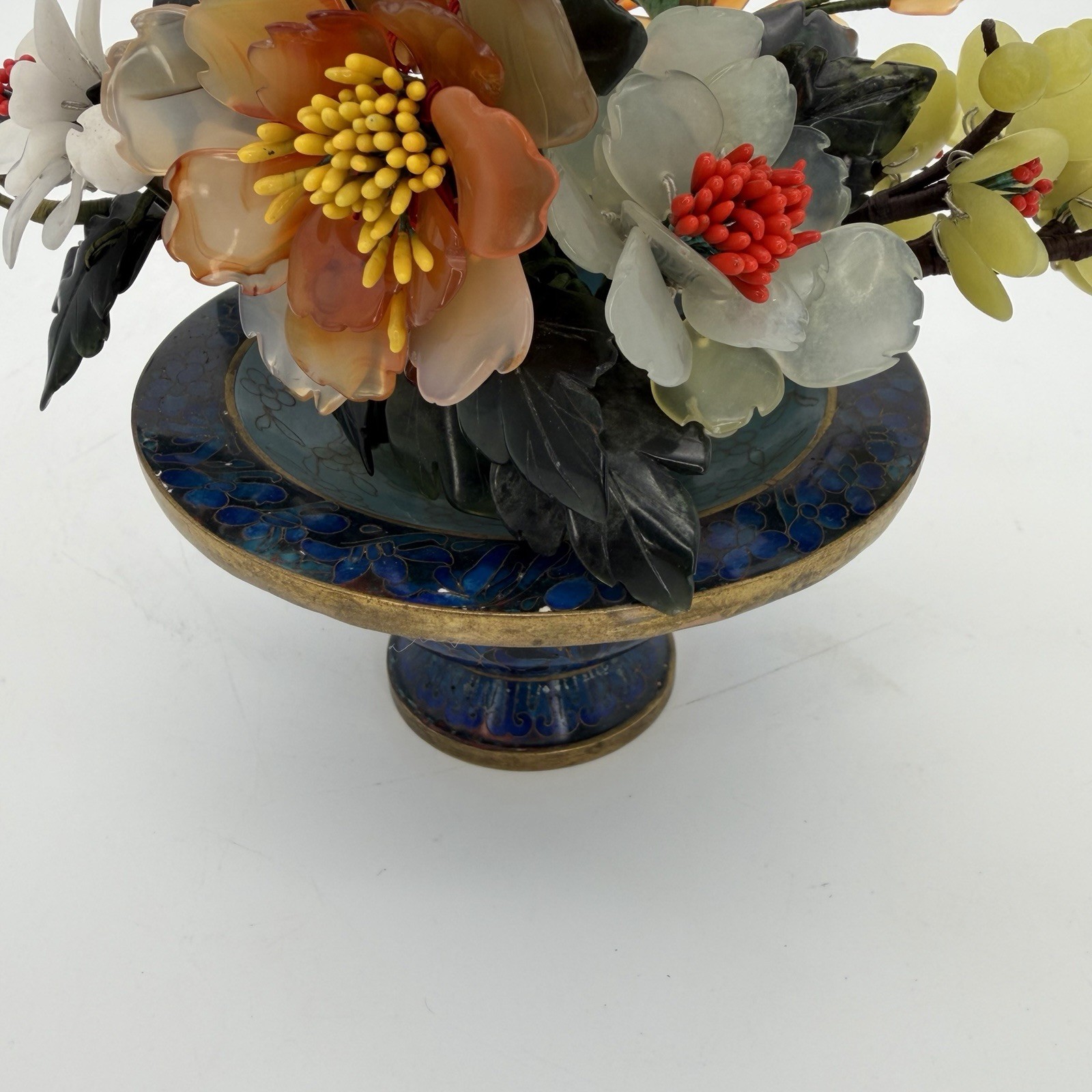 Vintage Jade Bonsai Tree Flowers Basket Cloisonné Pot 7.5” Brass Handle
