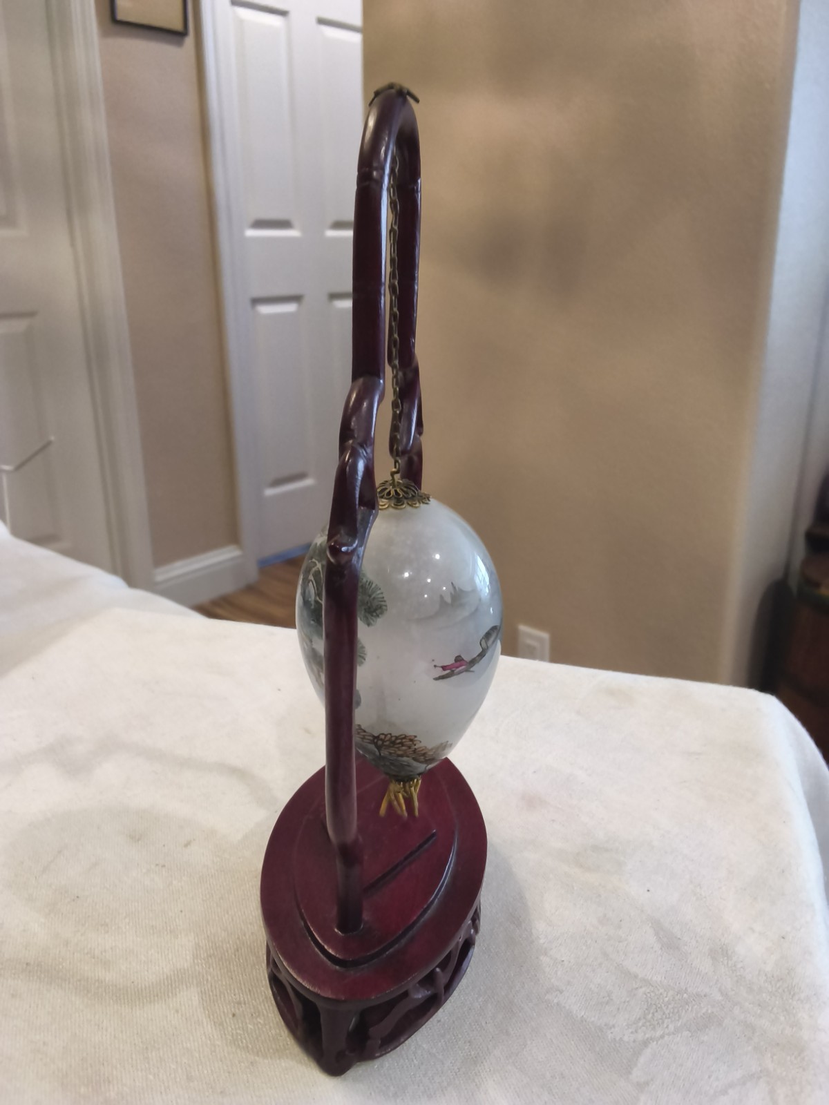 VTG Chinese Reverse Hand Painted Glass Egg Wooden Stand Sophisticated Elegant A1
