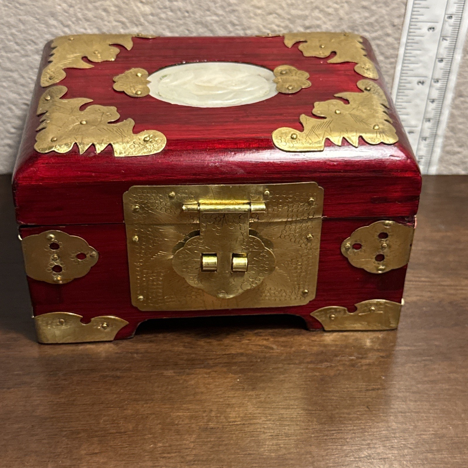Antique Chinese White Jade & Brass Fittings Wood Jewelry Box Red Lining u-11D