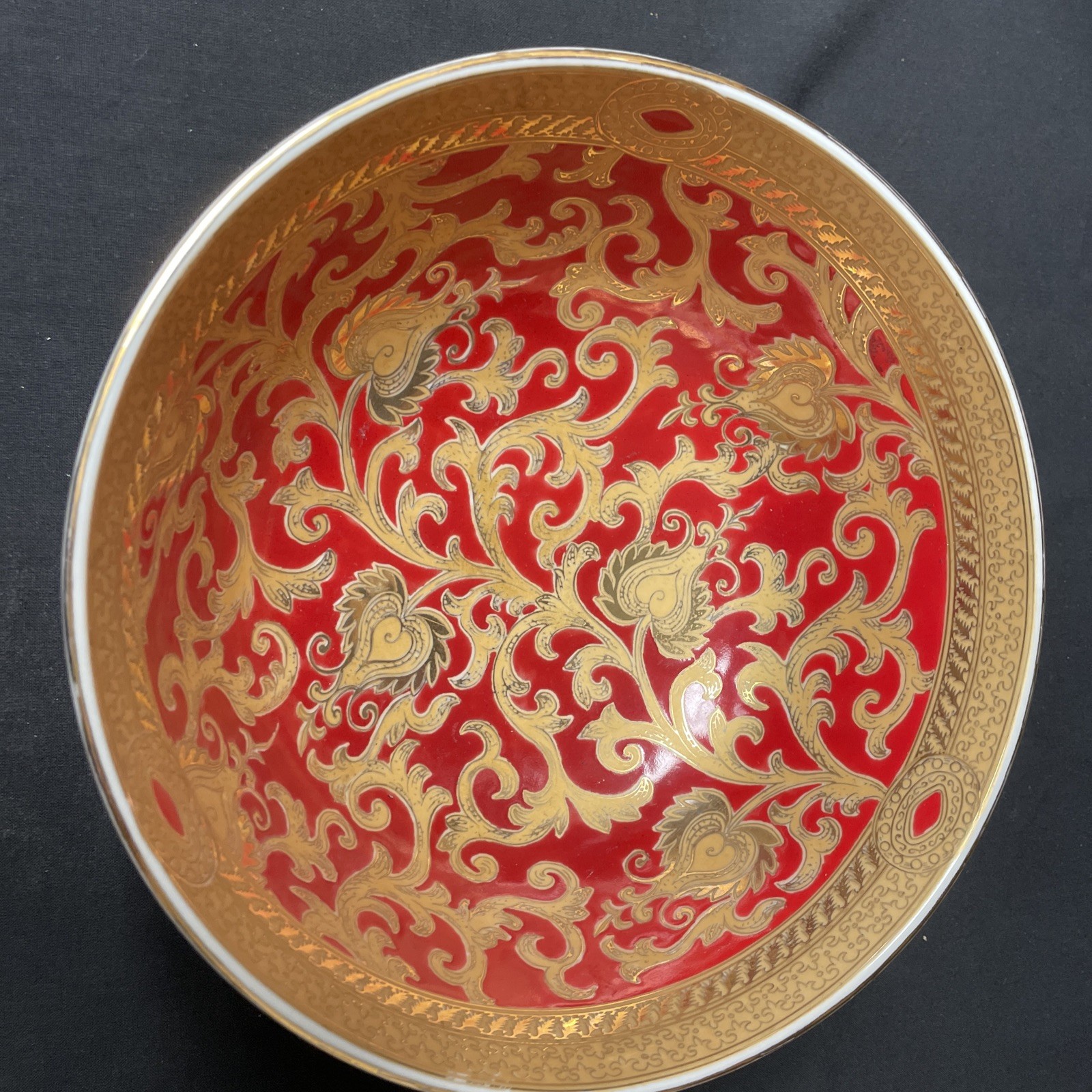 Chinese Red & Gold Asian Tapestry Bowl Floral Motif