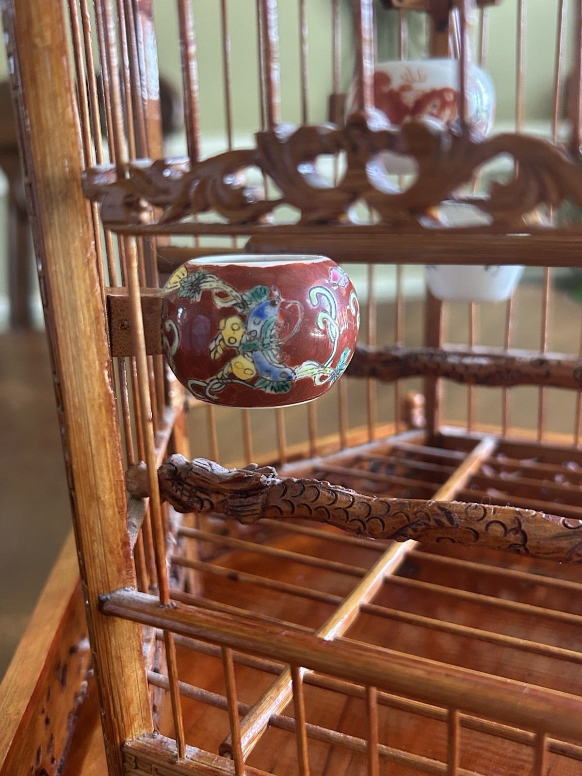 Antique Chinese Bamboo Bird Cage Hand Carved Vintage Feeders