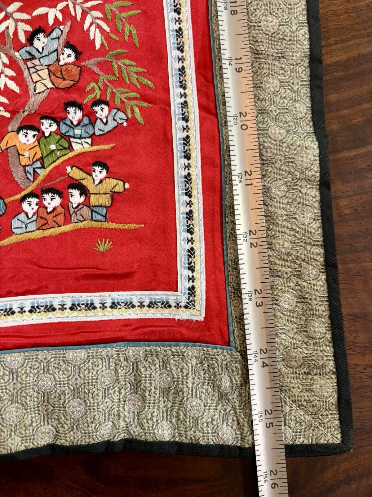 VTG Chinese Embroidered Red Silk Tapestry Children Dragon Boat Fishing Hanging