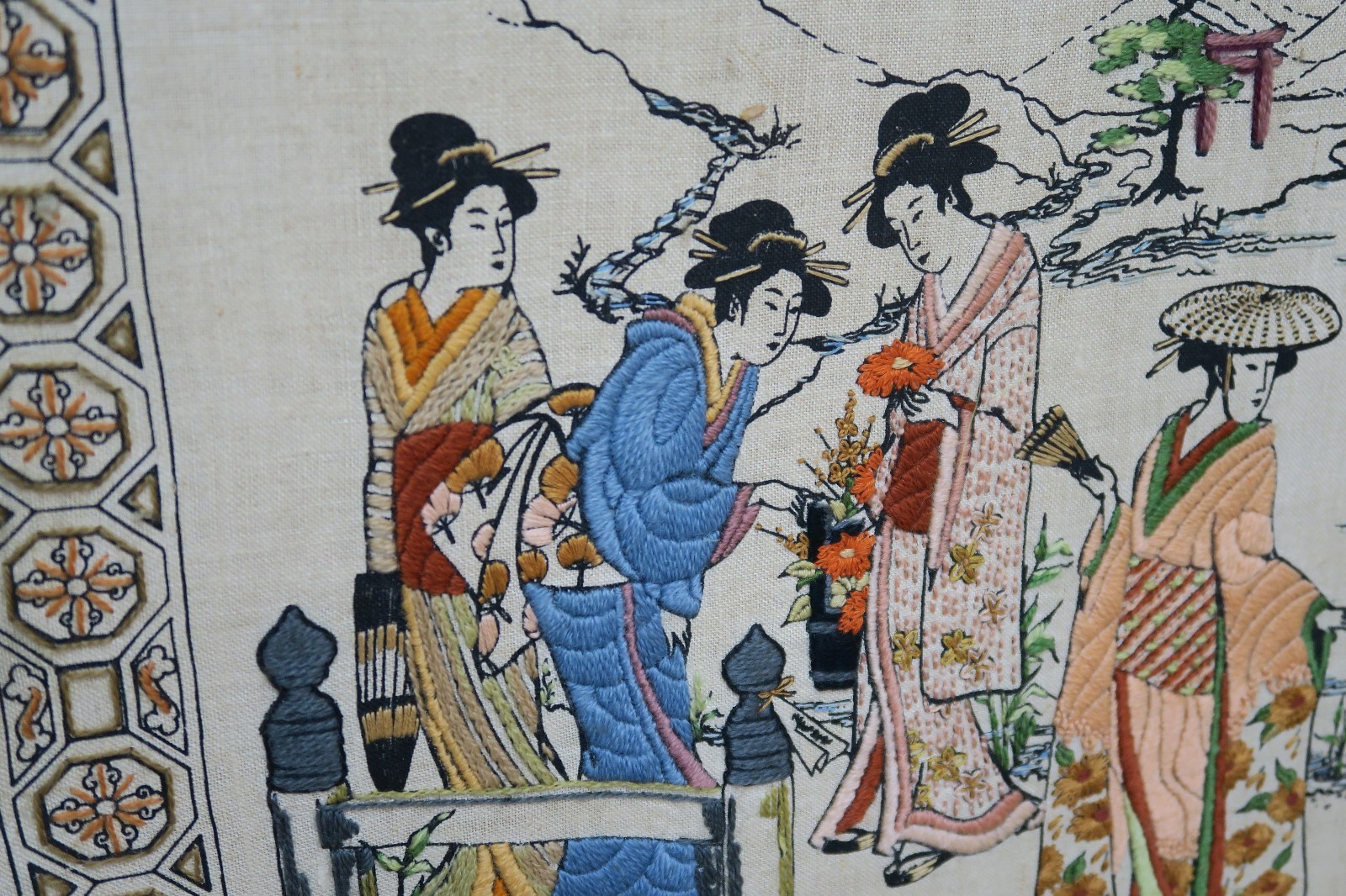 Asian Embroidery Over Painted Canvas Geishas Framed 19″ x 29″ – 22″ x 32″