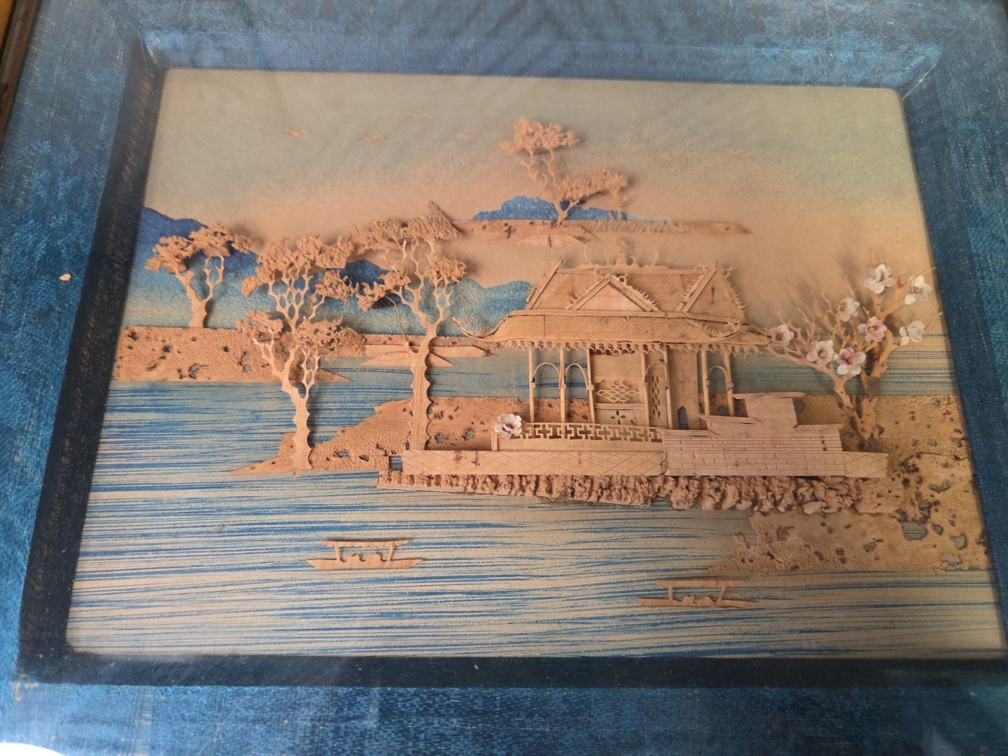 Set of 2 Vintage Asian Cork Art Diorama 3D Shadow Box Wall Art-see Photos