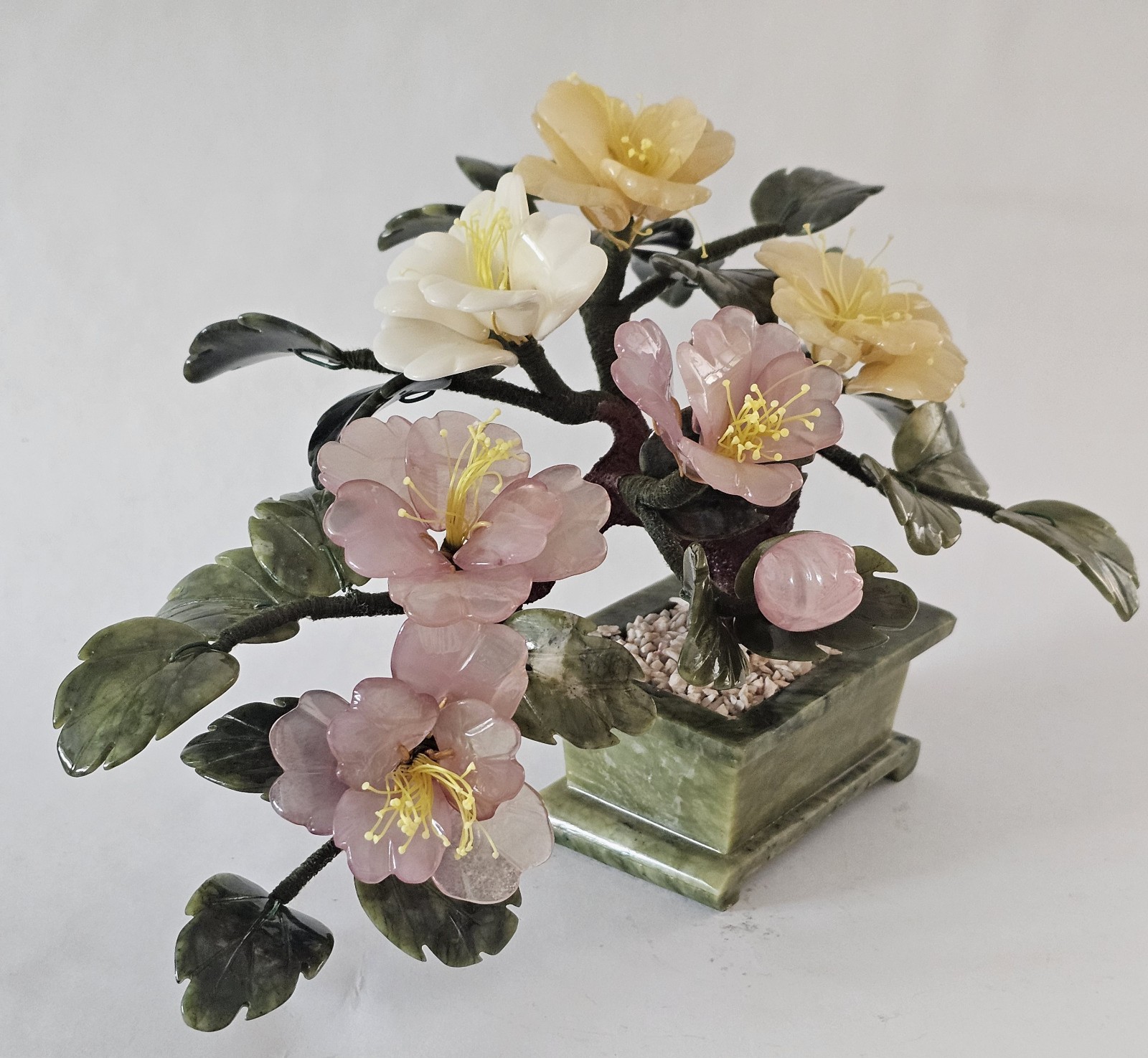 Vintage Chinese Jade Agate Floral Flower Tree Bonsai Sculpture 14″x9″x7″
