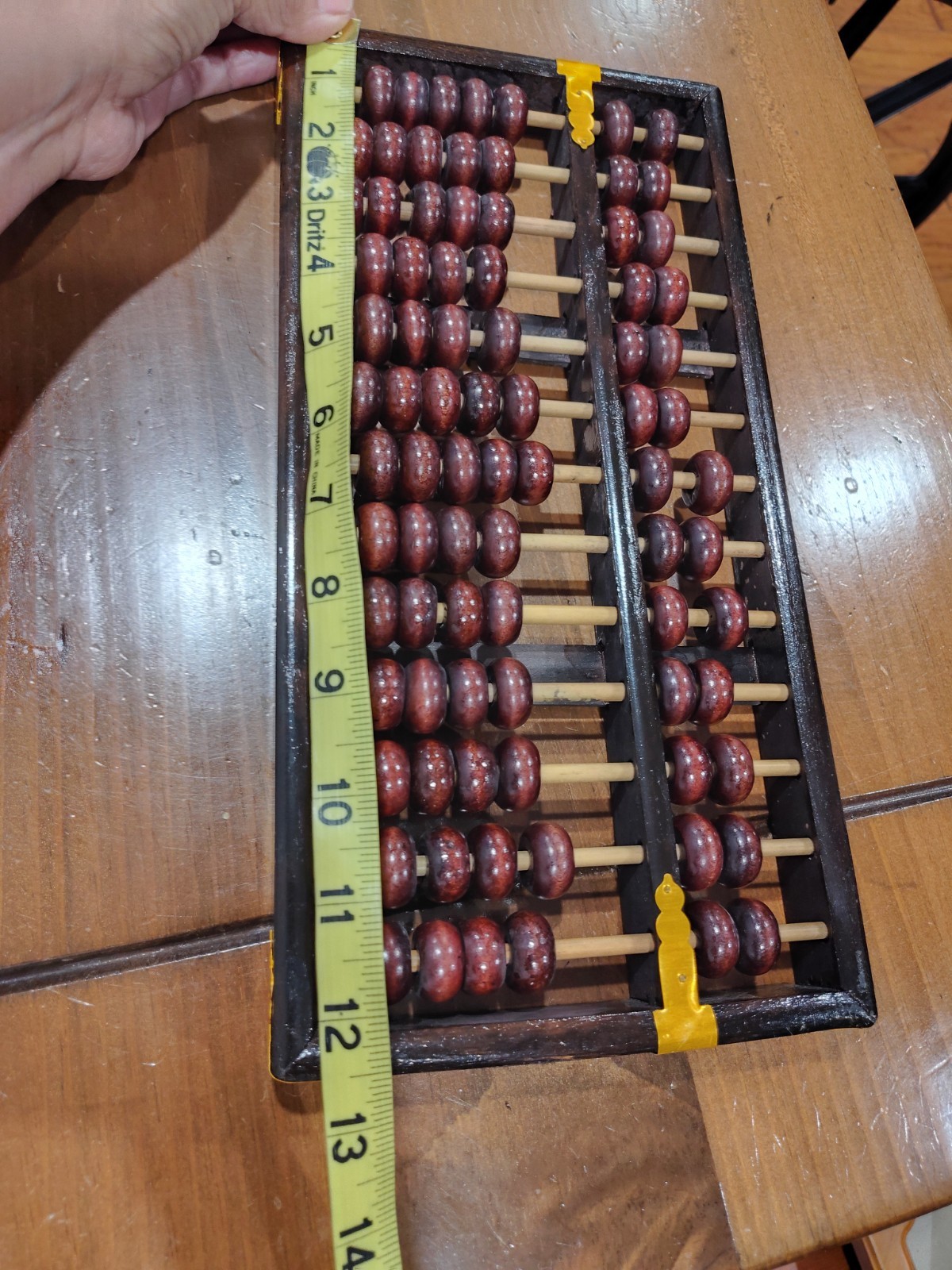 Vintage Chinese Abacus Wood & Brass Lotus Flower Brand Calculator 13 Row 91 Bead