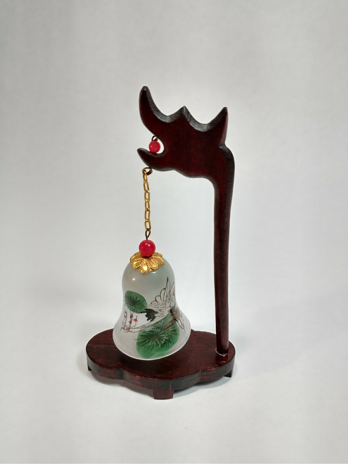 Chinese Asia Reverse Painted Glass Bell w/ Wood Dragon Stand Crane Birds Design