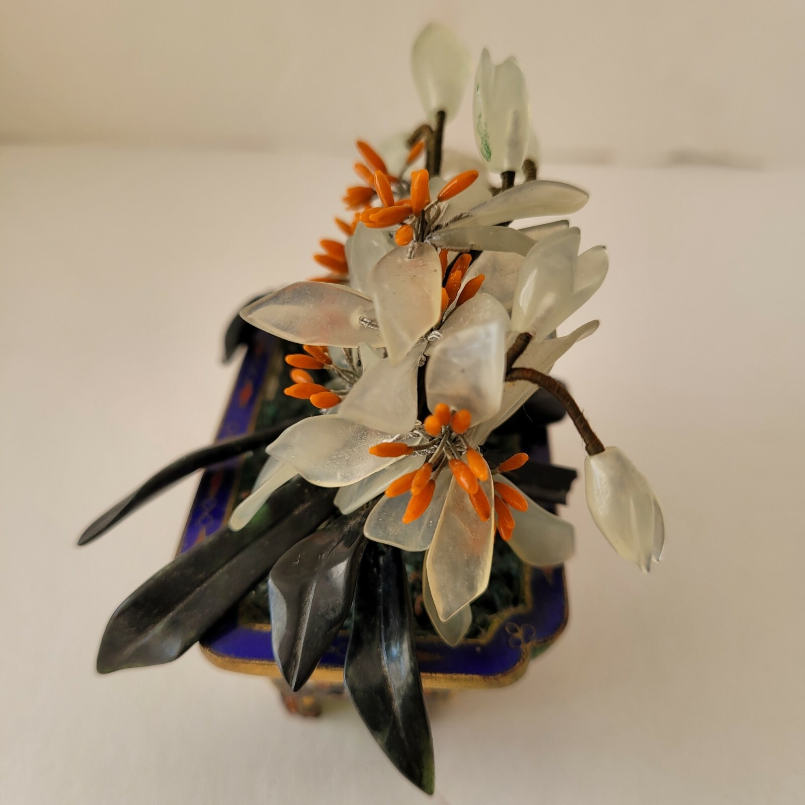 Stone Bonsai in Cloisonne Planter Flower Pot Quartz Jade