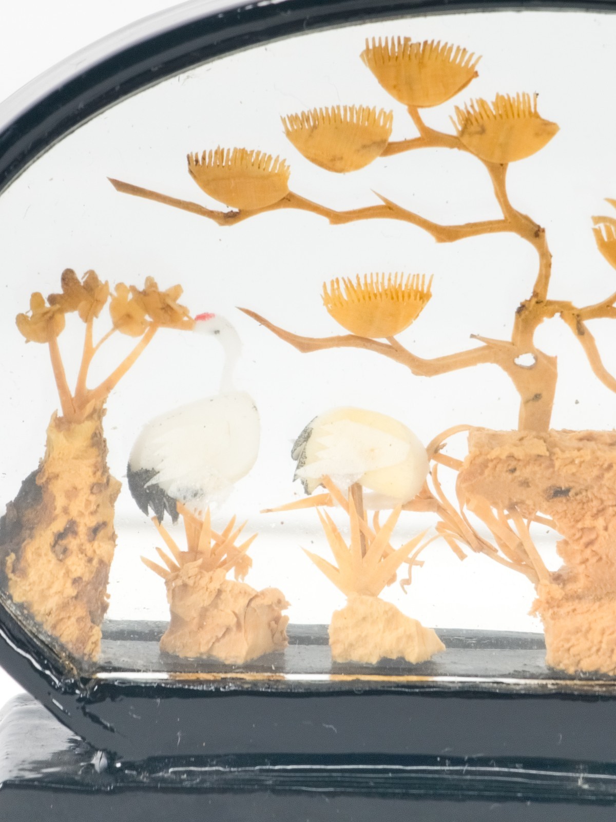 4 Vintage Chinese Cork Carving Dioramas Glass Case Pandas Birds Pagoda Art