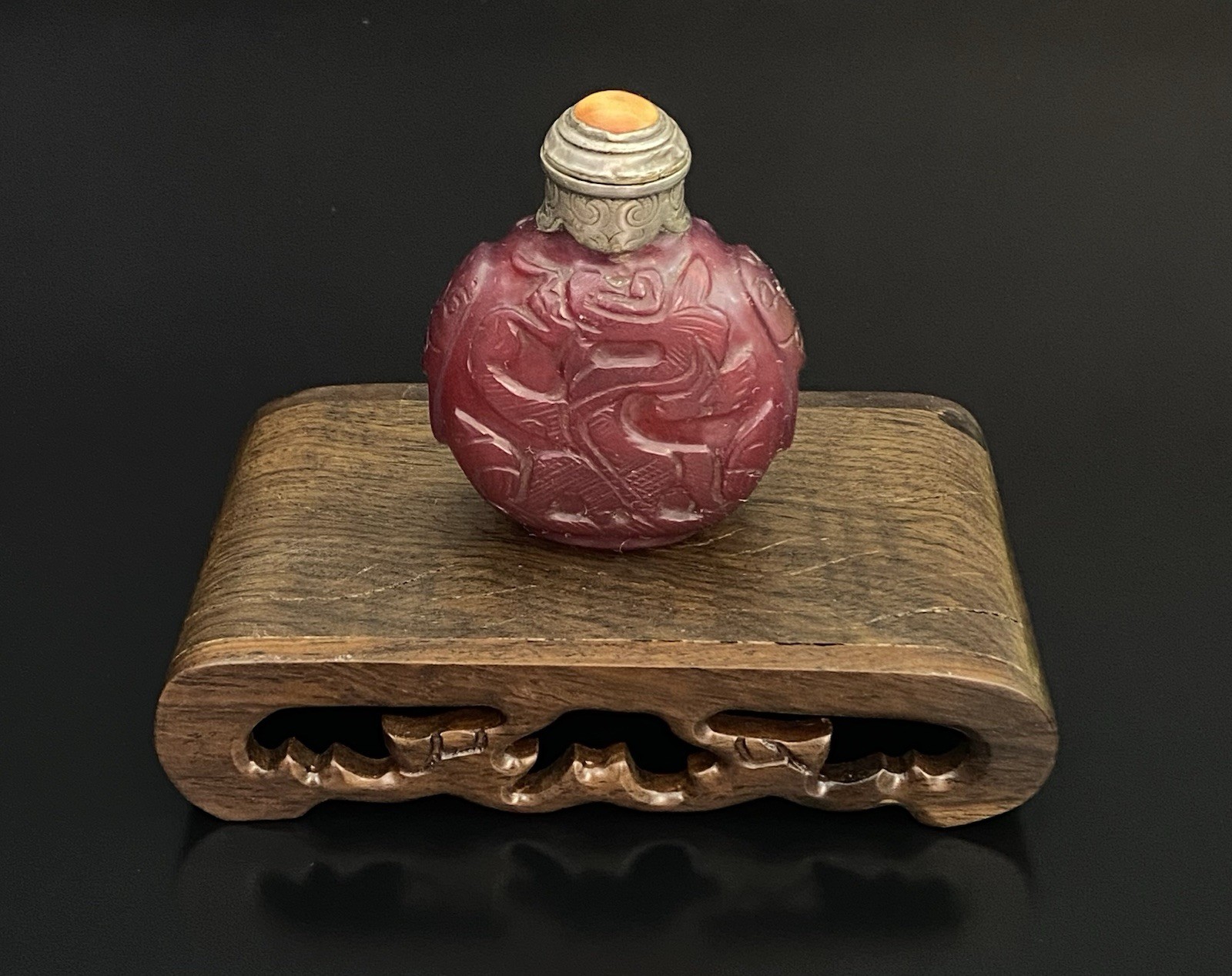 Antique Chinese Ruby Red Peking Glass Steling Silver Top Carved Snuff Bottle