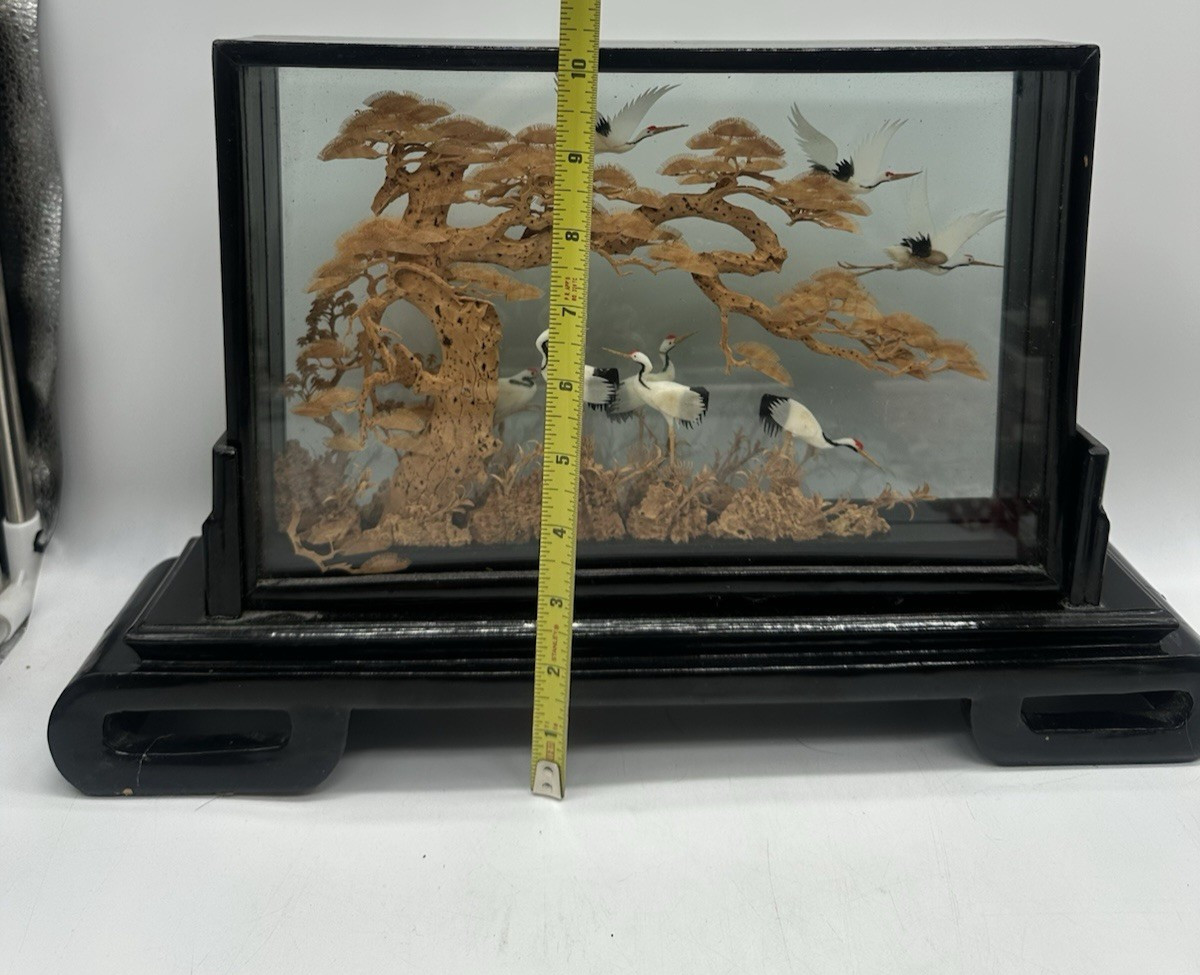 Large 16″ Vintage San You Chinese Cork Carving Diorama Cranes Pine Tree 1980s⁠