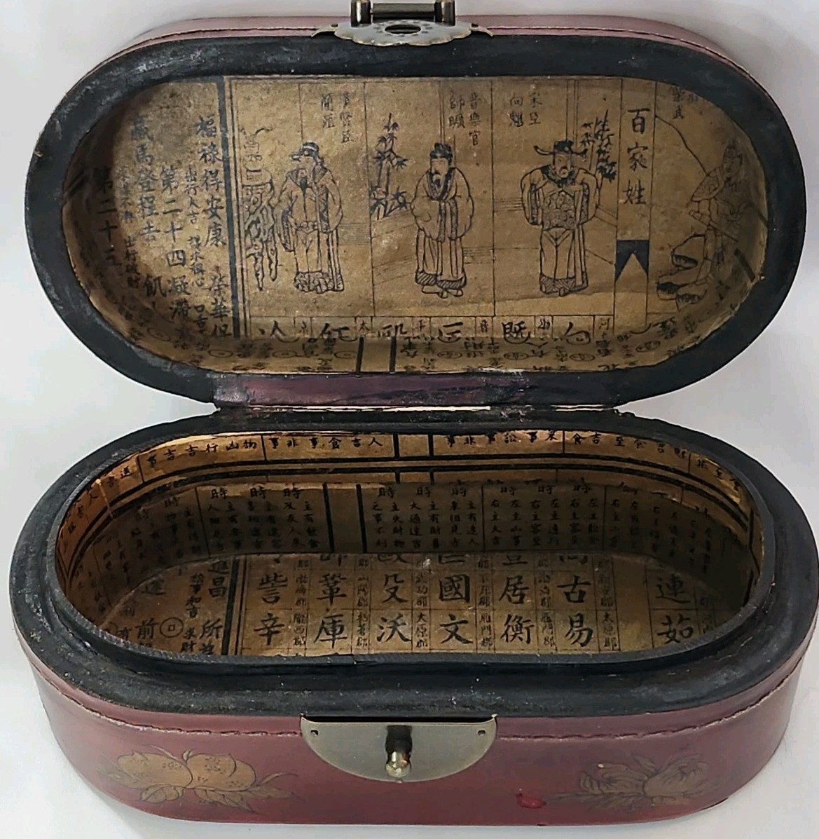 Antique/Vintage Chinese Lacquered Pillow Box Wood Brass Floral, Bird Motifs