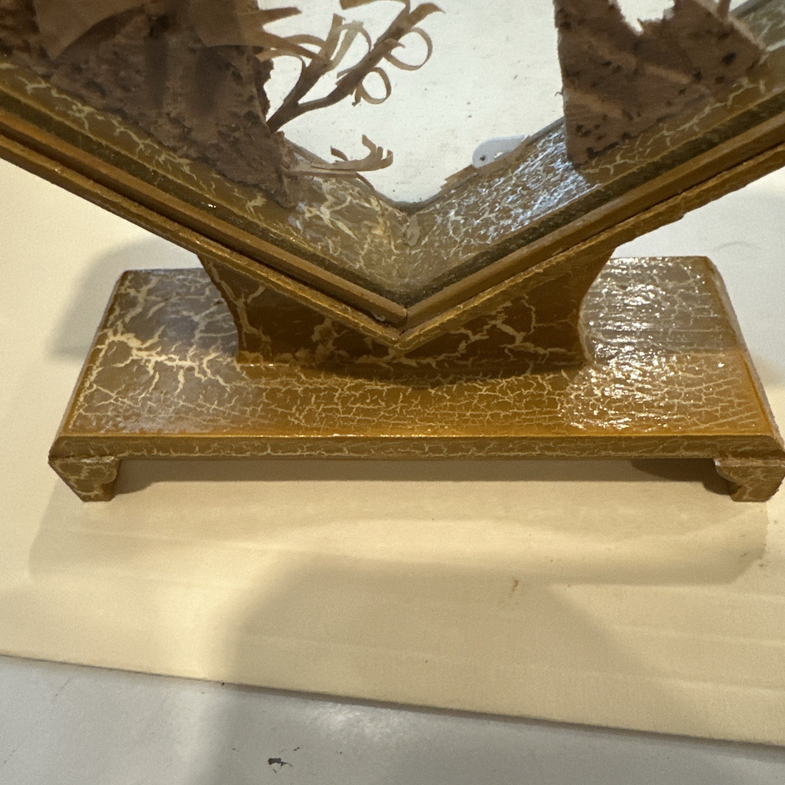 Asian Diorama Shadow Box Cork Sculpture Peacocks Hand Carved Gold Tone Frame Vtg