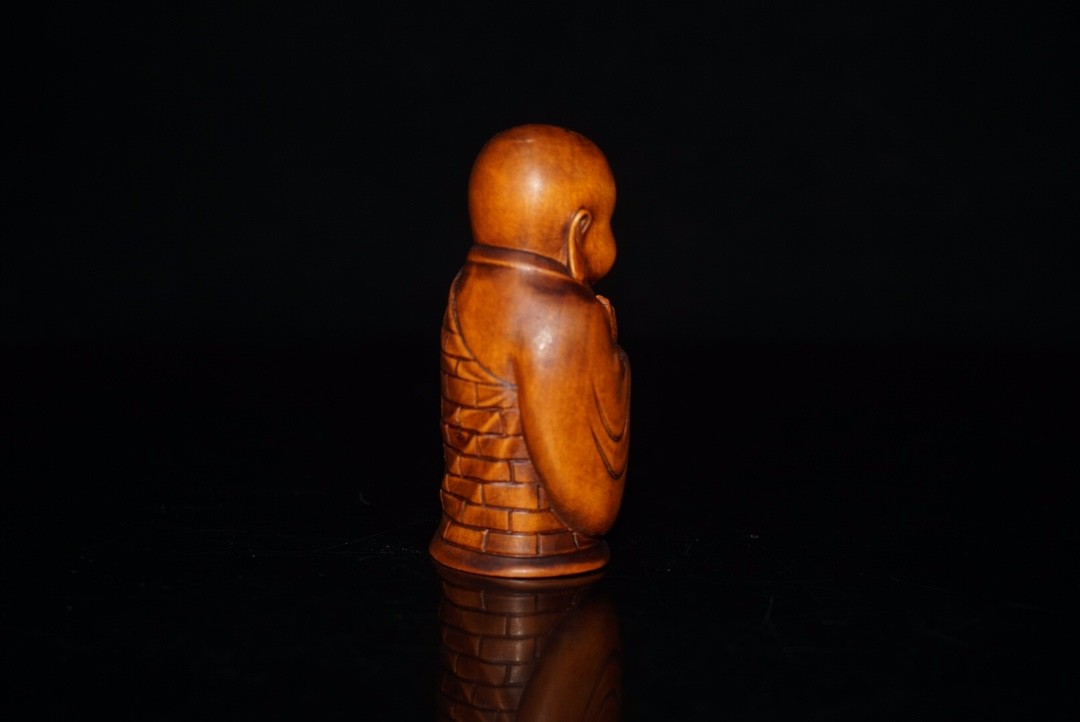 2.8″ Collect China Box-wood Carving Buddhism Monk Reciting Scriptures Statue