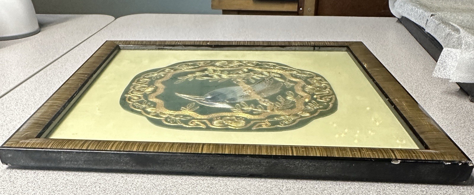 Vintage Framed Chinese Embroidered Silk Crane 7”x7” Panel 11”x11” Frame See Desc