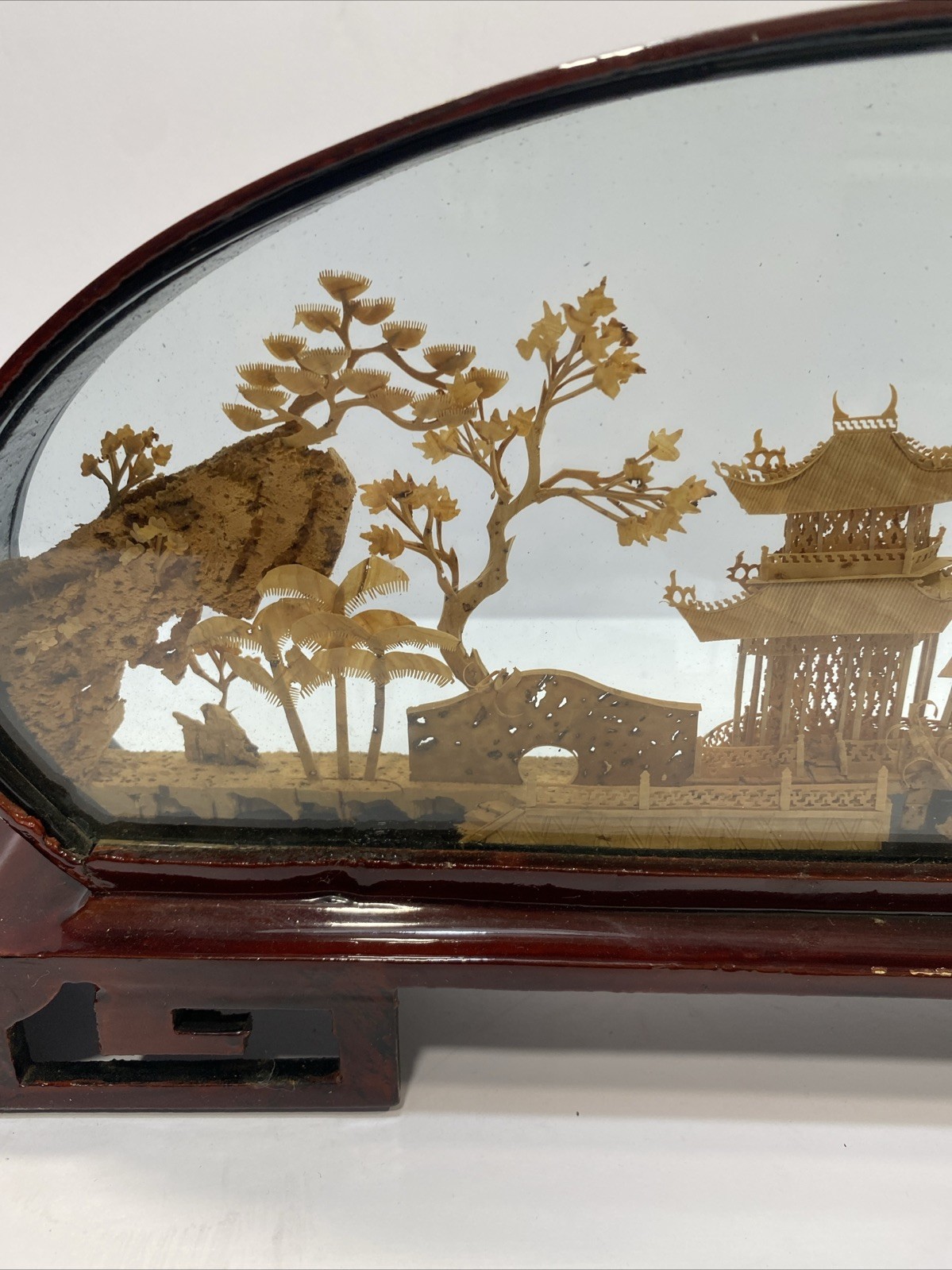 Vtg Chinese Oriental Cork Art 3D Diorama Red Lacquer Frame Pagoda Cranes