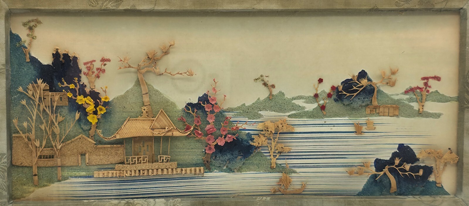 Chinese Intricate Scenery Sculpted Cork Diorama in Shadow Box Frame Watercolor