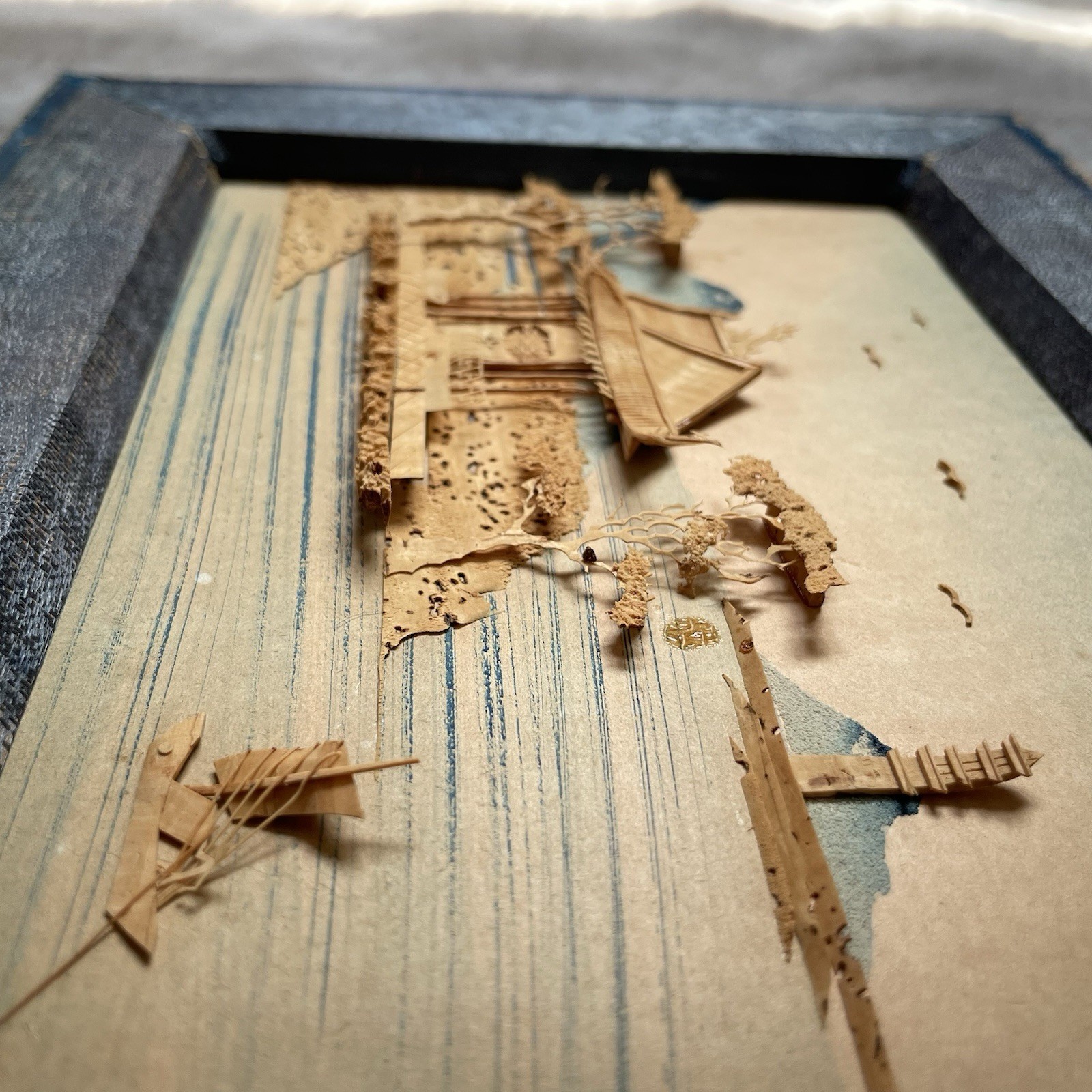 Antique 1930s Chinese Cork Carving Art 3D Pagoda Diorama W/ Birds Trees Framed