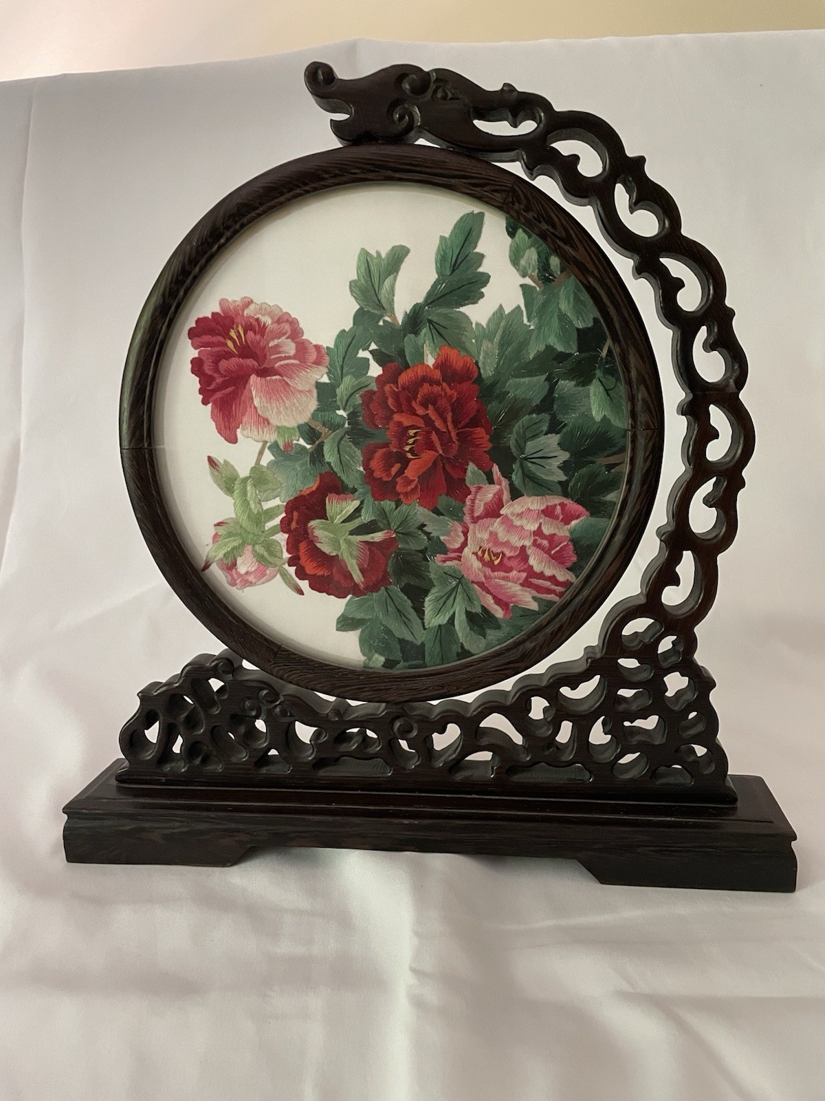 Vintage Chinese Double Sided Silk Embroidery Peony Flower Table Screen