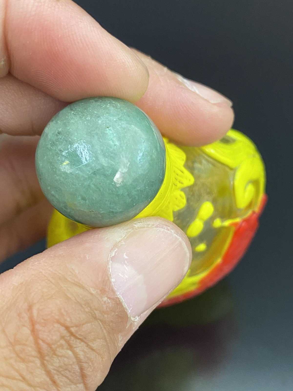 Antique Chinese Peking Glass Yellow Overlay Snuff Bottle Jade Top Koi Fish Motif