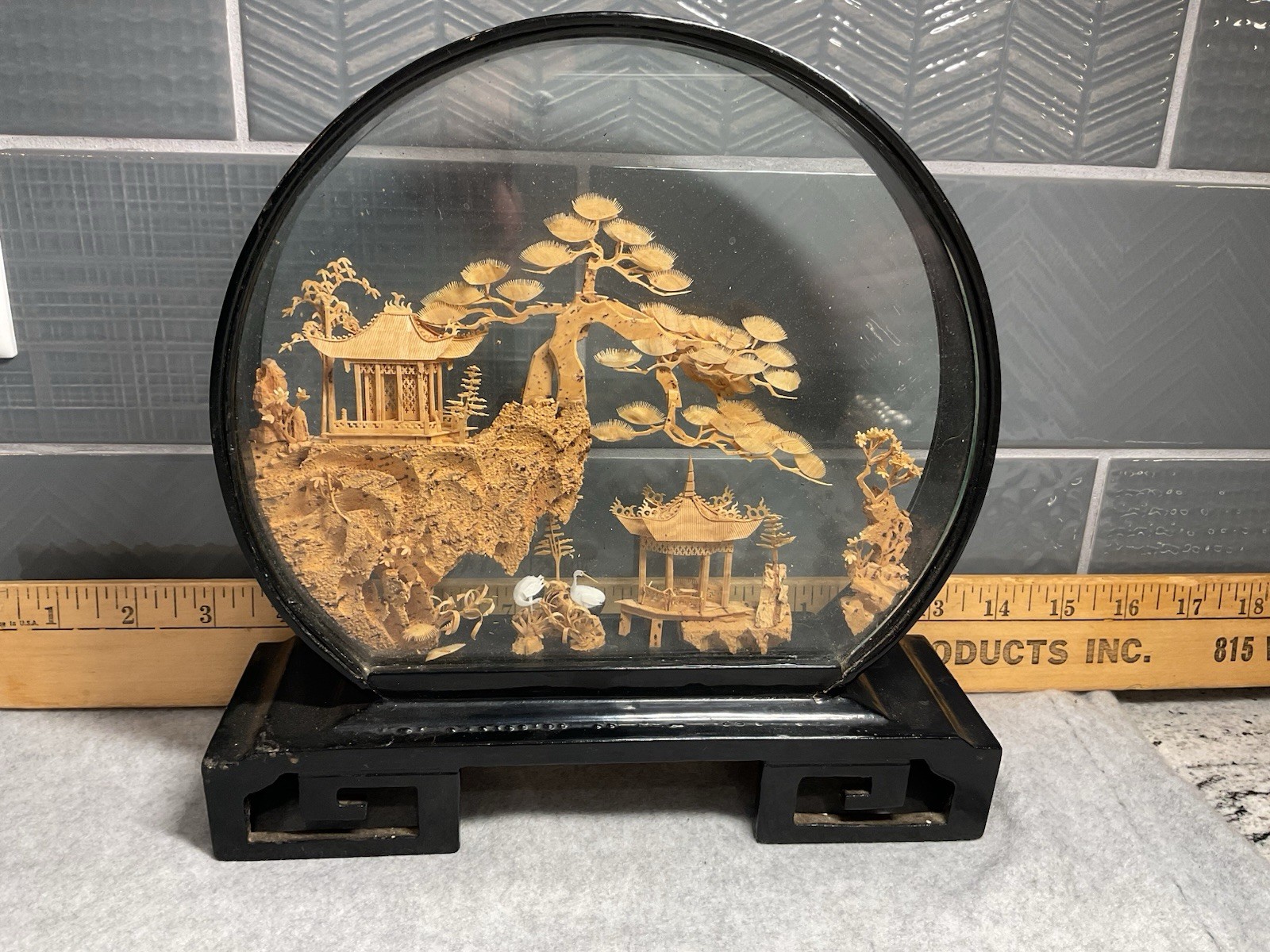 Vintage Asian Cork Art Diorama Hand Carved Black Lacquer Frame 9 X 9 Tree Bird