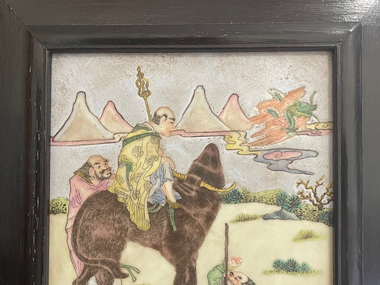 Vintage Chinese Framed Ceramic Plaque w/ Painted Man Figures & Dragon