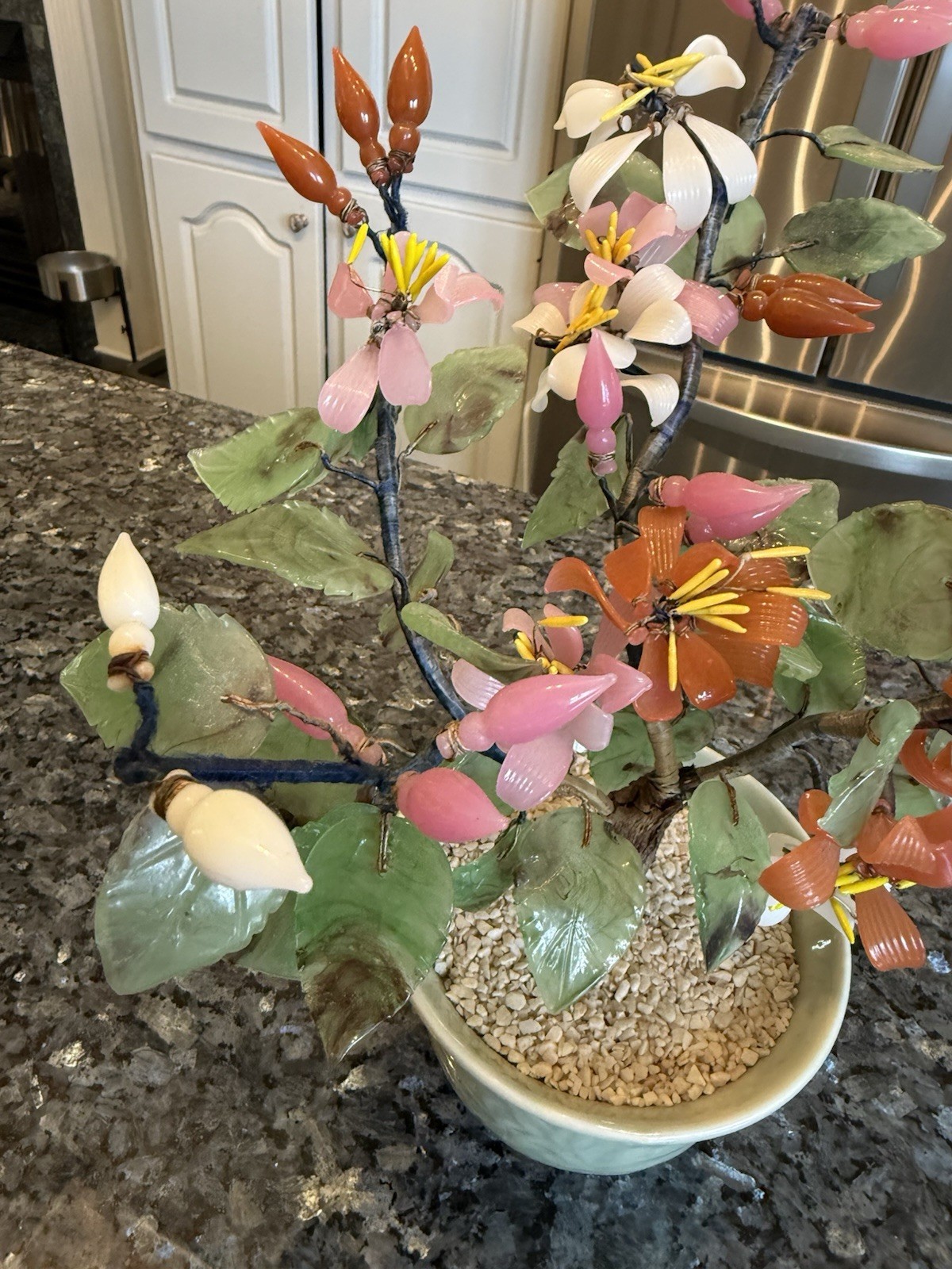 Vintage Bonsai Tree Jade Carnelian Stone Glass Asian Flowers Celadon Pot