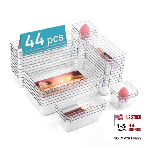44 PCS Plastic Drawer Organizers Set, 4-Size Versatile Bathroom and Clear