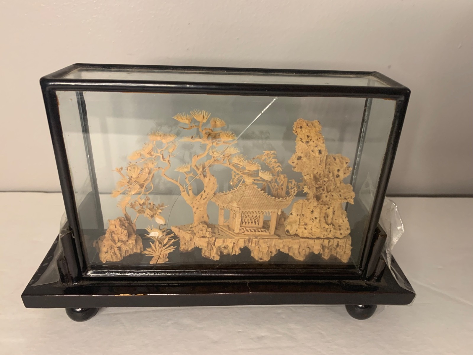 Vintage Asian Cork Diorama Art Pagoda Trees Hand Carved Glass Frame- See Details