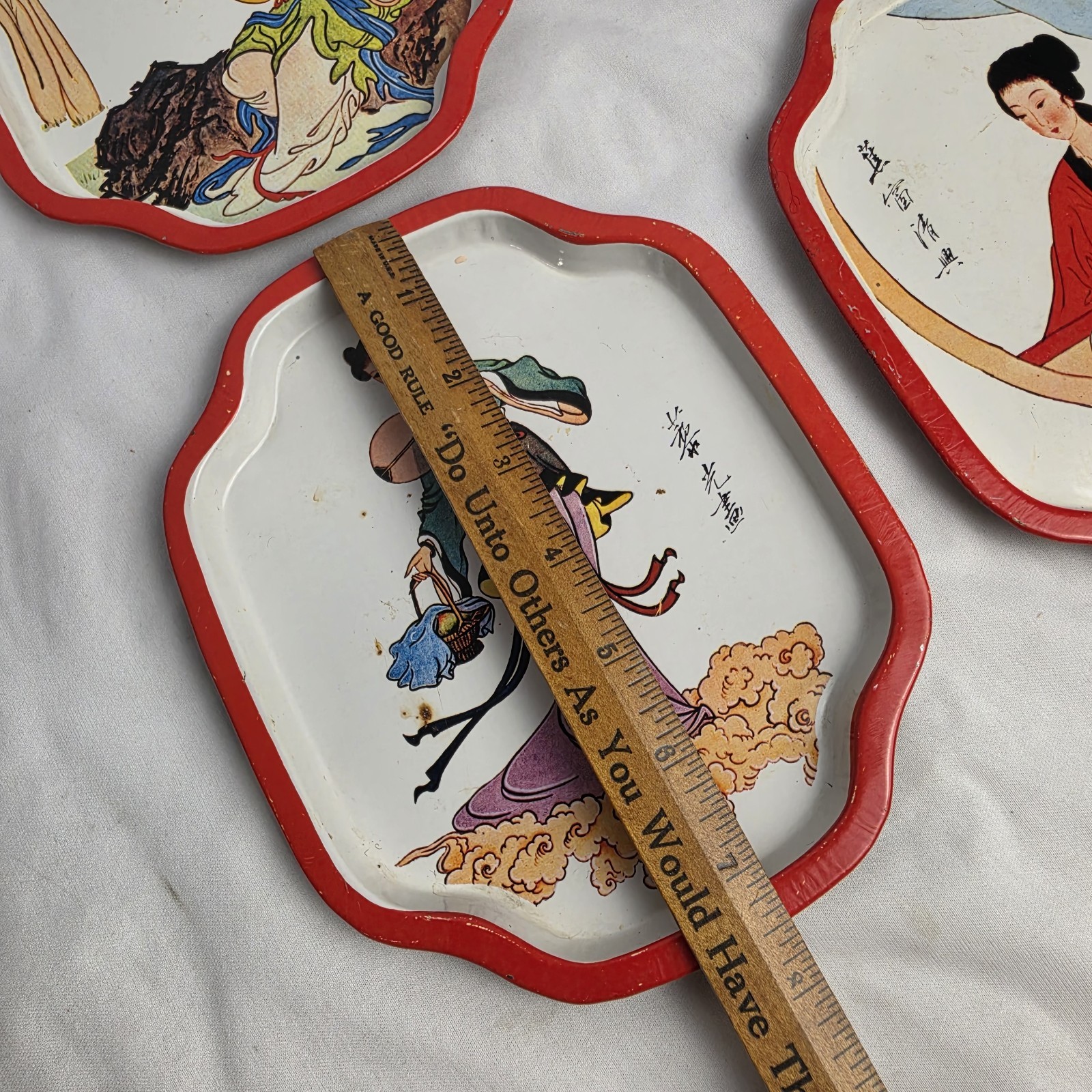 Vintage Asian Theme Tin Tray Set Of 4 Chinese Woman Geisha 1988 Hong Kong Made