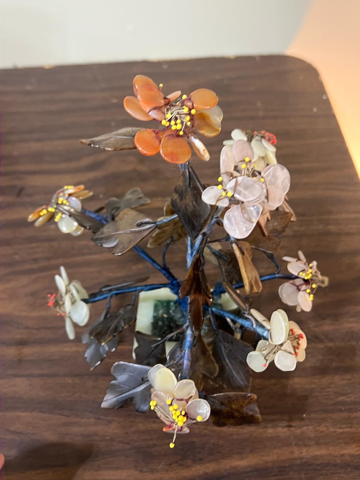 Vintage Chinese Jade and Quartz Hand Carved Flower Tree with Soapstones 10 1/2″