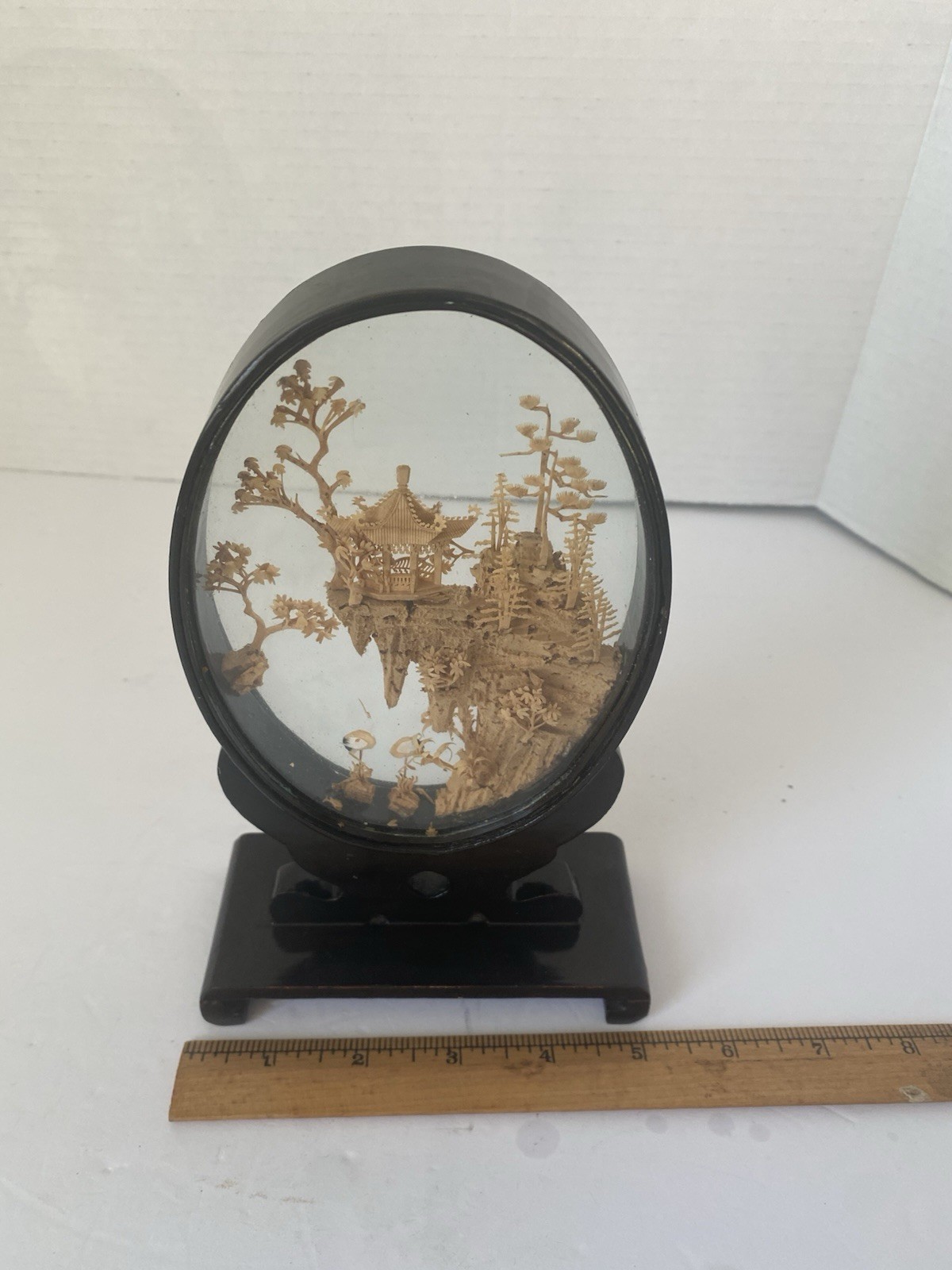 VTG Oriental Hand Carved Cork Art Diorama Pagoda Lacquer Frame Asian Chinese