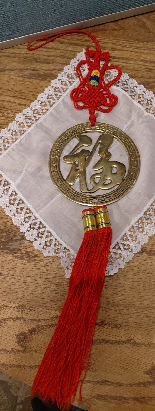 VTG Chinese Lucky Fu Knots RED/Brass Circle Wall Hanging Decor Silk Tassels Fy