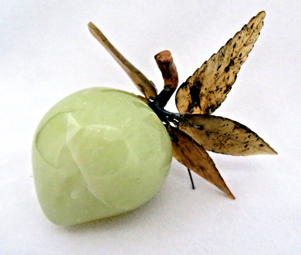 Vintage Chinese Green Jade Gemstone Plum Fruit & Leaves Sculpture