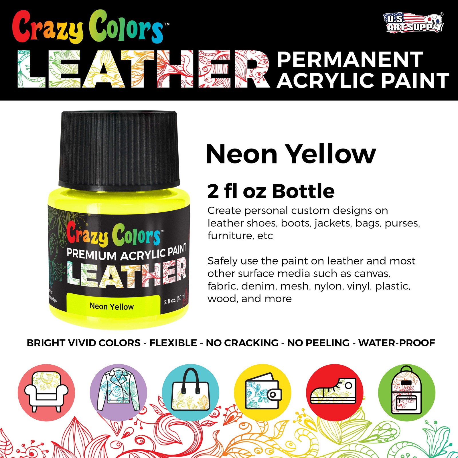 Neon Yellow Premium Acrylic Leather Shoe Paint, 2 oz – Sneakers, Jackets, Bags