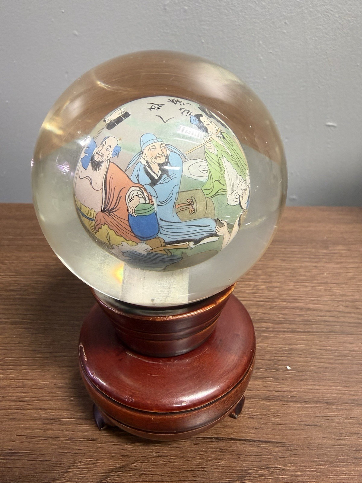 Vintage Chinese Hand Painted Reverse Art Glass Globe With Stand