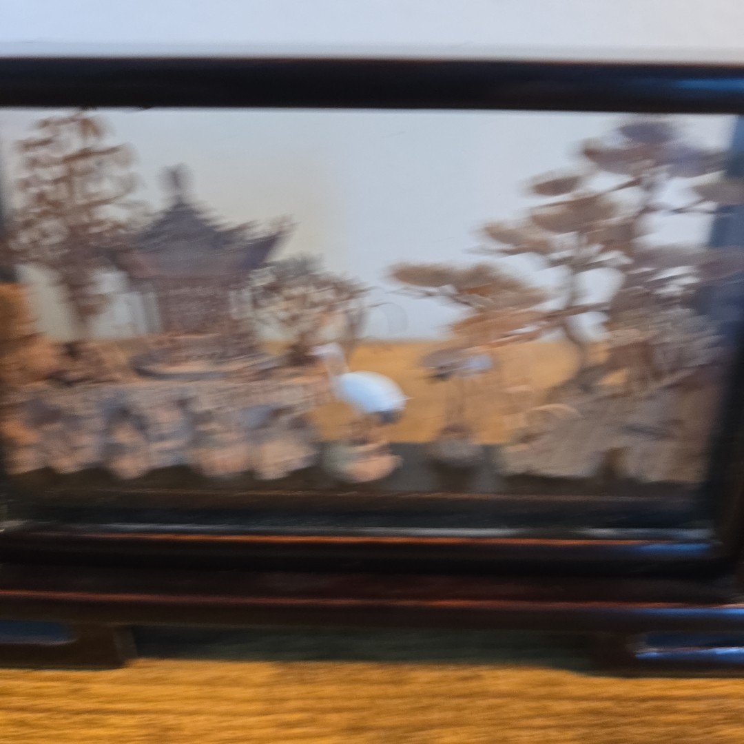 Chinese Carved Cork Sculpture Diorama 2 White Cranes Herons Black Enamel Frame