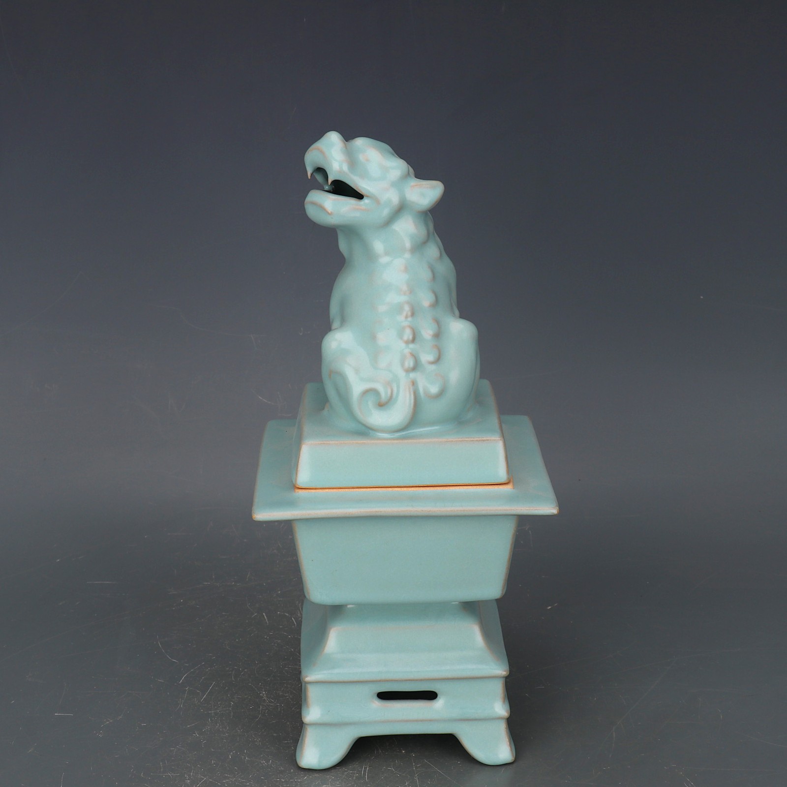 11.4″ China Song Ruyao Blue-green Glaze Porcelain Animal Lion Incense Burner