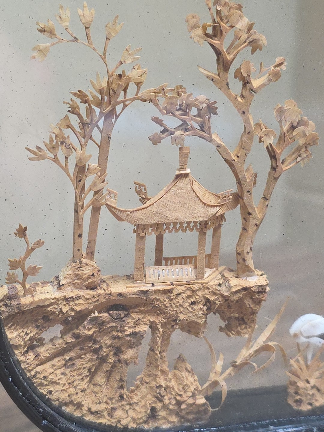 Vintage Chinese Cork Hand Carved Diorama In Glass & Black Laquered Wood Case