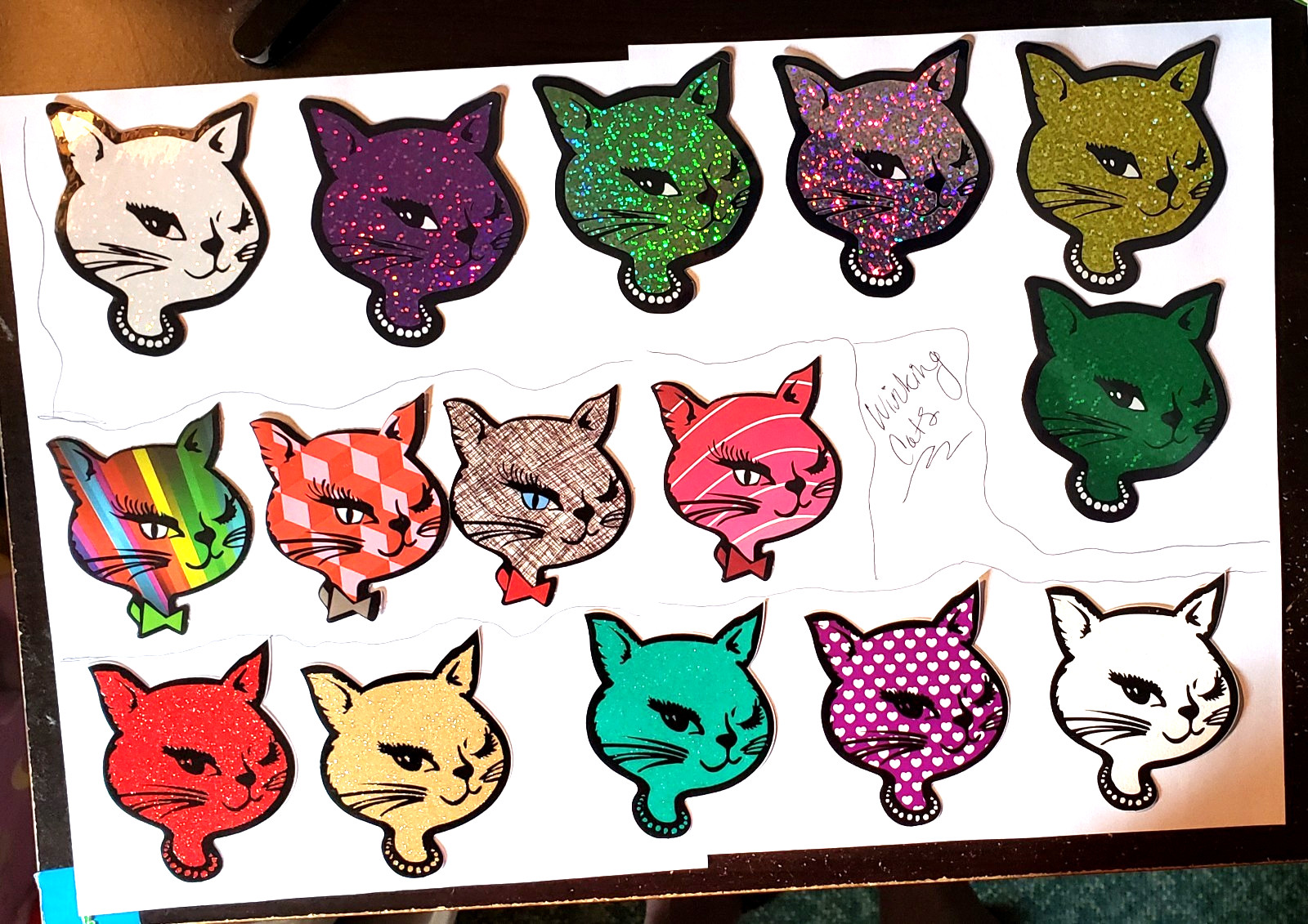 WINKING CATS 15 VENDING STICKERS *CHOOSE ONE* GLITTER VINYL ICONIC RETRO