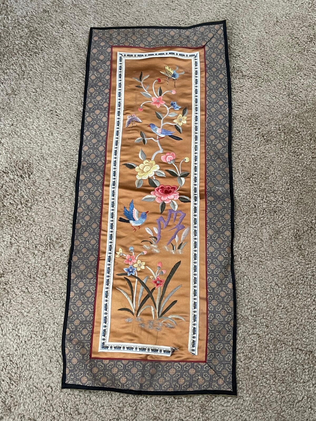 Vintage Antique Chinese Silk Embroidered Textile w/ Birds Floral & Butterfly Dec